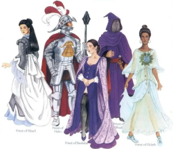 Sacerdoti di mito specifico (da sinistra Akadi, Helm, Beshaba, Bhaal, Eldath)